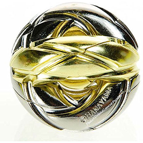 The Hanayama Cast Twist is a beautifully crafted mechanical puzzle made of shiny silver and gold metal. Its intricate design features interwoven bands creating an elegant, spherical shape. This challenging puzzle requires problem-solving skills and dexterity to twist and separate into its component parts, making it a delightful gift for puzzle enthusiasts and collectors alike.
