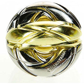 The Hanayama Cast Twist is a beautifully crafted mechanical puzzle made of shiny silver and gold metal. Its intricate design features interwoven bands creating an elegant, spherical shape. This challenging puzzle requires problem-solving skills and dexterity to twist and separate into its component parts, making it a delightful gift for puzzle enthusiasts and collectors alike.