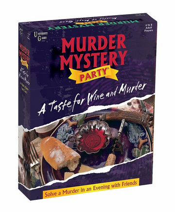 The packaging of the game 'A Taste for Wine and Murder' by University Games. The box features vibrant colors with a dramatic design, showcasing the game title prominently in red and yellow. Below the title, there's an engaging tagline that reads 'Solve a Murder in an Evening with Friends'. Surrounding the title are images of food and wine accessories, hinting at a crime-solving adventure among guests.