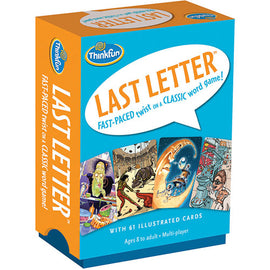 The Last Letter game by Thinkfun features a vibrant orange and blue box showcasing its title and tagline. The design includes images of illustrated game cards featuring various whimsical characters and scenes, hinting at the fun and fast-paced nature of the word game for ages 8 and up. The packaging is ideal for multiplayer enjoyment, making it a perfect choice for family game nights.