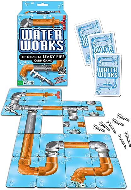 Waterworks card game by Winning Moves, featuring colorful game cards and a jigsaw-like playing board designed with leaky pipes. The game emphasizes strategy as players connect various pipe pieces while avoiding leaks. Includes unique game components such as screws and repair tools for added gameplay depth.