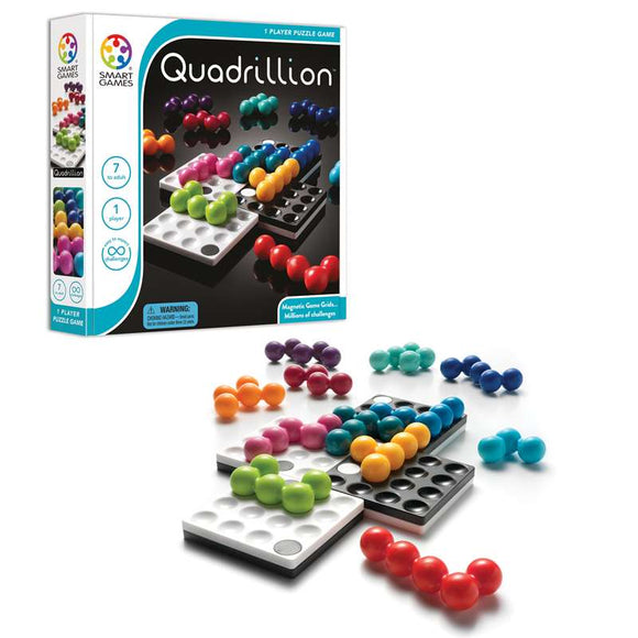 The 'Quadrillion' mechanical puzzle by SmartGames features colorful magnetic pieces arranged around a black and white game board. The puzzle includes various colors of pieces designed to fit into a grid, engaging users in a one-player challenge that promises millions of different configurations. The packaging highlights its unique design and puzzle-solving advantages.