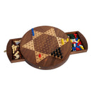 A beautifully crafted walnut round 3-in-1 game set featuring a star-shaped game board. The board includes sections for games like Checkers, Chess, and Chinese Checkers, with colorful game pieces neatly stored in wooden compartments. The elegant design showcases a smooth finish and intricate details, perfect for family game nights and gatherings.