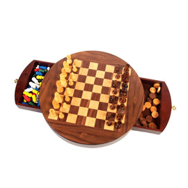 A round wooden game set featuring a chessboard with yellow and brown chess pieces, alongside drawers containing colorful game pieces and circular tokens. The walnut finish of the game set showcases its elegant design, perfect for family game nights.