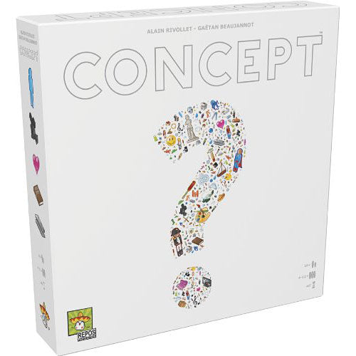 The Concept game by Repos, featuring a large white box with a colorful question mark made of various icons and symbols. The title 'CONCEPT' is prominently displayed in bold capital letters at the top. Ideal for family gatherings and game nights, this engaging party game encourages creativity and teamwork as players use visual clues to communicate concepts without speaking.