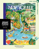 A vibrant and nostalgic jigsaw puzzle featuring a colorful illustration of summer vacation scenes. The artwork by Ilonka Karasz depicts various activities such as boating, picnicking, and relaxing by the river, capturing the essence of leisure and joy in nature. This 500-piece jigsaw puzzle by New York Puzzle Company is perfect for puzzle enthusiasts and summer lovers alike.