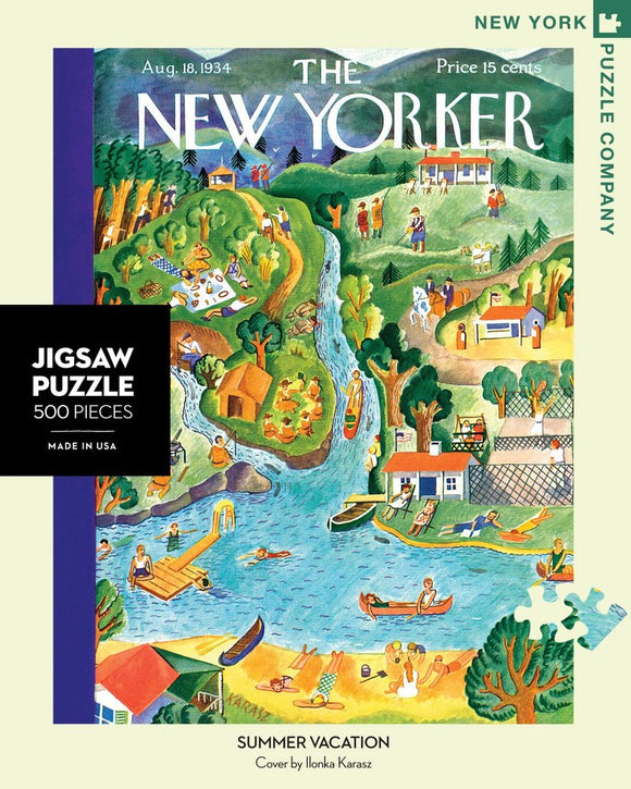 A vibrant and nostalgic jigsaw puzzle featuring a colorful illustration of summer vacation scenes. The artwork by Ilonka Karasz depicts various activities such as boating, picnicking, and relaxing by the river, capturing the essence of leisure and joy in nature. This 500-piece jigsaw puzzle by New York Puzzle Company is perfect for puzzle enthusiasts and summer lovers alike.