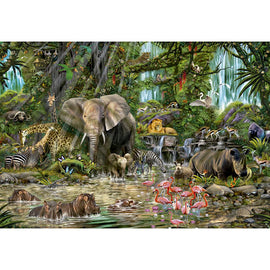 A vibrant jigsaw puzzle titled 'African Jungle' by Educa, featuring a detailed scene of exotic wildlife including elephants, zebras, flamingos, and various jungle plants set near waterfalls and a serene body of water.