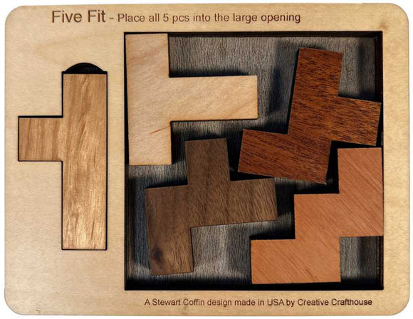 Five Fit Packing Puzzle by Creative Craft House features five uniquely shaped wooden pieces that fit into a larger frame. The puzzle encourages critical thinking and problem-solving skills and is designed by Stewart Coffin. Made in the USA, this elegant mechanical puzzle is perfect for both children and adults seeking a challenging and educational toy.