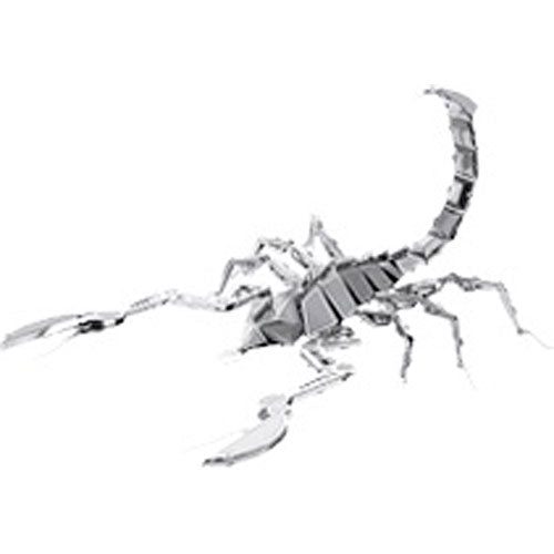 A detailed metal model of a scorpion, crafted with intricate designs and a shiny silver finish. This DIY kit allows enthusiasts to create a stunning tabletop display with realistic features.