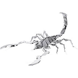A detailed metal model of a scorpion, crafted with intricate designs and a shiny silver finish. This DIY kit allows enthusiasts to create a stunning tabletop display with realistic features.