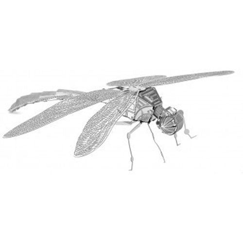 A detailed metal model of a dragonfly from Metal Earth by Fascinations, showcasing intricate wing designs and fine craftsmanship. The dragonfly is positioned upright, with its wings extended, revealing a shiny metallic finish that reflects light beautifully. This DIY kit allows enthusiasts to create a stunning piece of art.