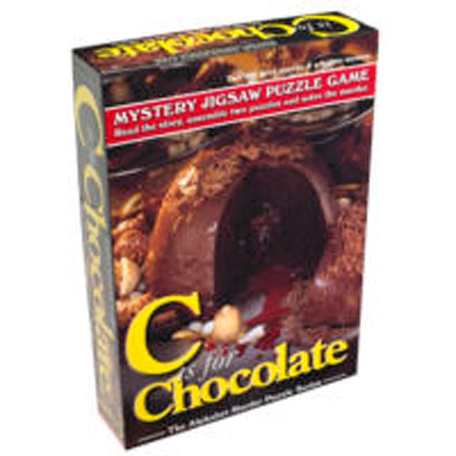 C Is For Chocolate jigsaw puzzle by TDC Games Inc. The box features an enticing image of a chocolate dessert surrounded by nuts. It’s labeled 'Mystery Jigsaw Puzzle Game,' inviting players to read a story and assemble the pieces to solve the mystery.