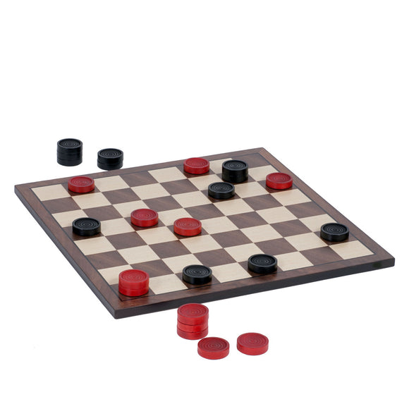 Basic Black & Red Checker Set by Wood Expressions featuring a classic checkerboard design. The board has alternating light and dark squares with red and black checkers. Some checkers are positioned on the board, while others are scattered nearby, showcasing an engaging game setup for players.