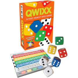 Qwixx game by Gamewright. The box features a vibrant orange design with colored dice and a score sheet. It's a fast-paced family dice game suitable for 2-5 players aged 8 and up. The components include 6 colorful dice and a scorecard to track points.