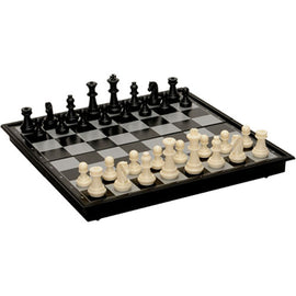 8-inch magnetic chess set featuring a classic black and white checkered board with intricately designed pieces. Perfect for travel and easy storage, allowing players to enjoy chess anywhere without losing pieces.