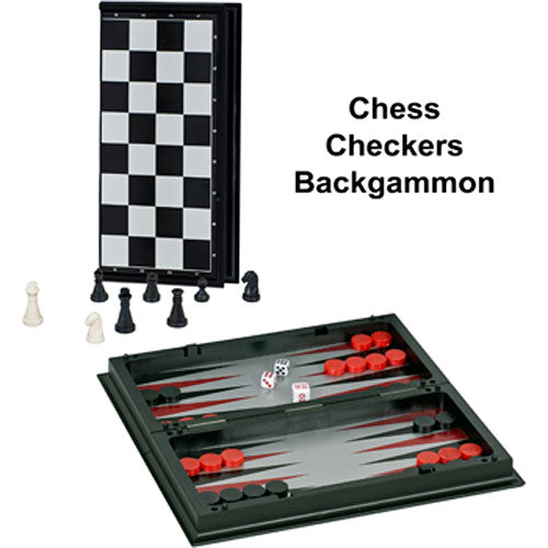 A versatile 3-in-1 Combo Chess game set featuring a magnetic design. The image displays a folding game board with black and white squares for chess, along with pieces for checkers and backgammon. The board is open, showcasing its multifunctional layout and easy storage, perfect for on-the-go gameplay.