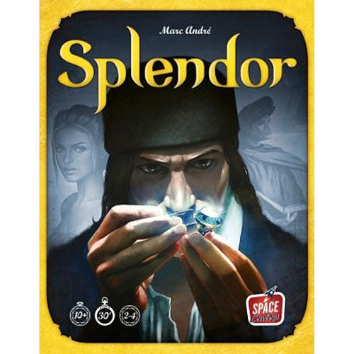 The game Splendor by Asmodee features a striking cover art depicting a mysterious man examining a gemstone. The title 'Splendor' is prominently displayed in bold yellow letters above the illustration, while subtle shadows of characters appear in the background, hinting at a rich narrative. Recommended for ages 10 and up, it can be played by 2 to 4 players and takes approximately 30 minutes to complete.