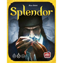 The game Splendor by Asmodee features a striking cover art depicting a mysterious man examining a gemstone. The title 'Splendor' is prominently displayed in bold yellow letters above the illustration, while subtle shadows of characters appear in the background, hinting at a rich narrative. Recommended for ages 10 and up, it can be played by 2 to 4 players and takes approximately 30 minutes to complete.