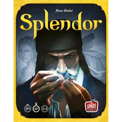The game Splendor by Asmodee features a striking cover art depicting a mysterious man examining a gemstone. The title 'Splendor' is prominently displayed in bold yellow letters above the illustration, while subtle shadows of characters appear in the background, hinting at a rich narrative. Recommended for ages 10 and up, it can be played by 2 to 4 players and takes approximately 30 minutes to complete.
