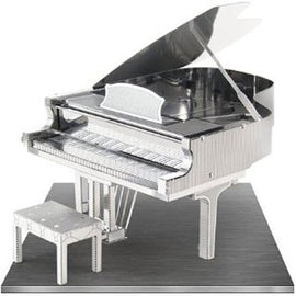 A detailed Metal Earth DIY kit of a grand piano, showcasing intricate metallic components with a shiny silver finish. The piano includes a matching bench and features a raised lid, revealing the piano keys and interior mechanics in a realistic design. Perfect for music lovers and model enthusiasts.
