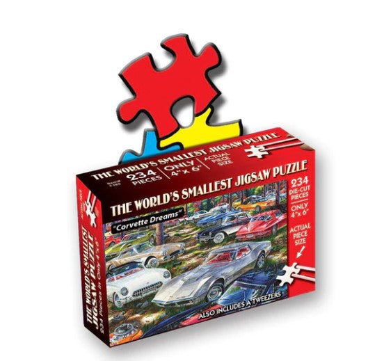 The World's Smallest Jigsaw Puzzle titled 'Corvette Dreams' features a colorful box displaying a vibrant image of classic Corvettes surrounded by lush scenery. The puzzle contains 234 die-cut pieces and comes with tweezers for easy handling. The dimensions of the completed puzzle measure 4 inches by 6 inches, emphasizing its compact and unique design.