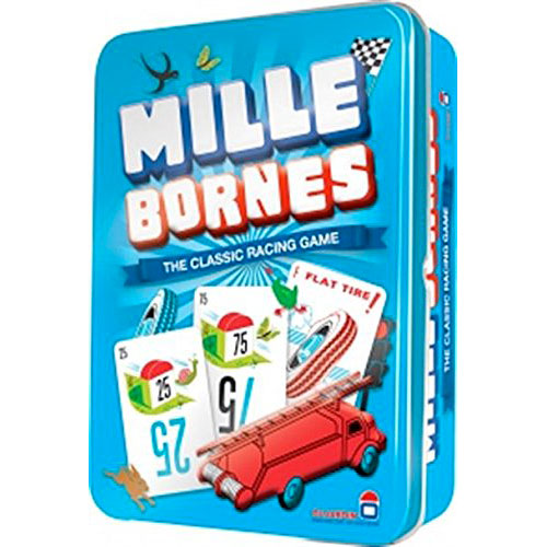 Mille Bornes board game by Asmodee displayed in a vibrant blue tin. The tin features the game's title prominently, with colorful illustrations of racing cards and a vintage fire truck. It's a classic racing card game suitable for family and friends.