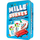 Mille Bornes board game by Asmodee displayed in a vibrant blue tin. The tin features the game's title prominently, with colorful illustrations of racing cards and a vintage fire truck. It's a classic racing card game suitable for family and friends.