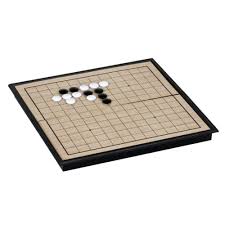 Go Set Magnetic 8" featuring a wooden game board with a grid pattern and magnetic black and white stones. Ideal for strategic gameplay.