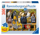 Ravensburger jigsaw puzzle titled 'Cat's Got Mail' featuring a colorful illustration of several playful cats sitting atop mailboxes. The design includes various mailbox colors and numbers, highlighting the whimsical theme of cats engaging with mail. Ideal for cat lovers and puzzle enthusiasts, this 300-piece puzzle offers a fun and challenging experience.