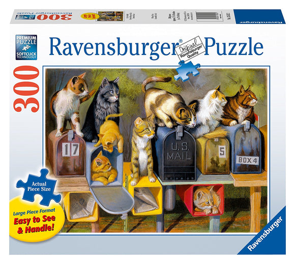 Ravensburger jigsaw puzzle titled 'Cat's Got Mail' featuring a colorful illustration of several playful cats sitting atop mailboxes. The design includes various mailbox colors and numbers, highlighting the whimsical theme of cats engaging with mail. Ideal for cat lovers and puzzle enthusiasts, this 300-piece puzzle offers a fun and challenging experience.
