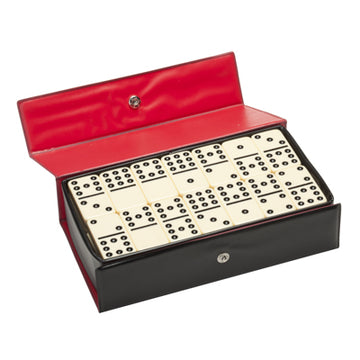 Club Style Double 9 Domino game set by Wood Expressions featuring 55 white domino tiles with black dots arranged neatly in a stylish black and red storage case. The case is opened, revealing the interior compartment for easy access to the tiles.