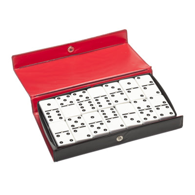 A set of double six dominoes by Wood Expressions Inc., featuring 28 white domino pieces with black dots, neatly stored in a red and black case. The case is open, displaying the dominoes inside.