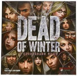 The game box of 'Dead of Winter: A Crossroads Game' designed by Plaid Hat Games, featuring a collage of intense character faces amidst a broken glass design, hinting at the game's survival theme.