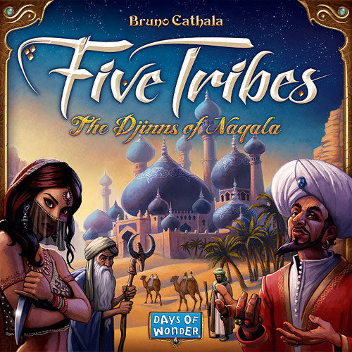 The game Five Tribes: The Djinns of Naqala by Days of Wonder features vibrant artwork depicting a mystical Middle Eastern landscape. It showcases characters including a warrior woman, a wise man, and a merchant amidst grand architecture and blue domes, inviting players into an immersive strategy experience.