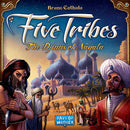 The game Five Tribes: The Djinns of Naqala by Days of Wonder features vibrant artwork depicting a mystical Middle Eastern landscape. It showcases characters including a warrior woman, a wise man, and a merchant amidst grand architecture and blue domes, inviting players into an immersive strategy experience.