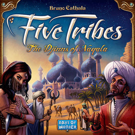 The game Five Tribes: The Djinns of Naqala by Days of Wonder features vibrant artwork depicting a mystical Middle Eastern landscape. It showcases characters including a warrior woman, a wise man, and a merchant amidst grand architecture and blue domes, inviting players into an immersive strategy experience.