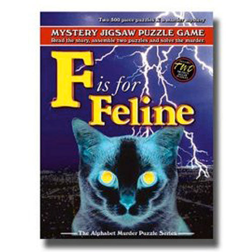 F is for Feline jigsaw puzzle by TDC Games Inc. Features a mysterious cover with a black cat and lightning, promising an engaging mystery experience. Includes two 500-piece puzzles to solve a murder mystery.