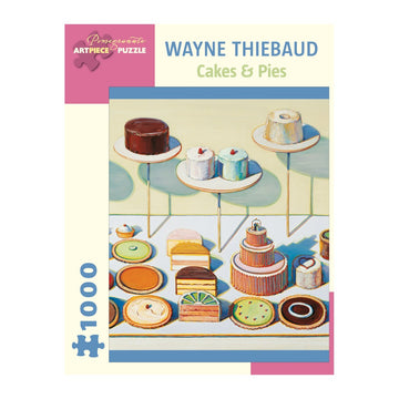 A colorful jigsaw puzzle featuring Wayne Thiebaud's iconic artwork 'Cakes & Pies.' The design showcases an array of desserts on display, including various cakes and pastries in vibrant colors. This 1000-piece puzzle captures the essence of Thiebaud's playful and nostalgic depiction of sweets, perfect for art lovers and puzzle enthusiasts alike.