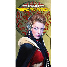 Coup: Reformation game cover featuring a woman with stylish hair and futuristic attire, set against an ornate background. The title is prominently displayed above her.