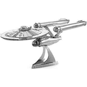 Metal Earth NCC-1701 DIY kit by Fascinations. A detailed, intricate metal model of the USS Enterprise starship from Star Trek, featuring finely crafted elements and a sleek design, perfect for collectors and enthusiasts.
