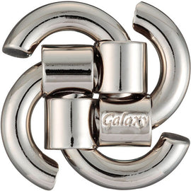The Cast Galaxy puzzle by Hanayama is a beautifully designed mechanical puzzle featuring interconnected metal pieces that form a stylish and intricate shape. The shiny silver finish reflects light, adding an elegant touch. This puzzle challenges problem-solving skills and provides an engaging tactile experience.