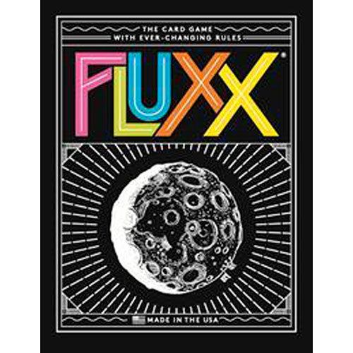 Fluxx card game by Looney Labs, featuring colorful letters against a black background, with a whimsical illustration of the moon surrounded by dynamic lines, emphasizing the game's ever-changing rules and fun gameplay.