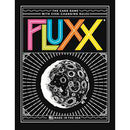 Fluxx card game by Looney Labs, featuring colorful letters against a black background, with a whimsical illustration of the moon surrounded by dynamic lines, emphasizing the game's ever-changing rules and fun gameplay.
