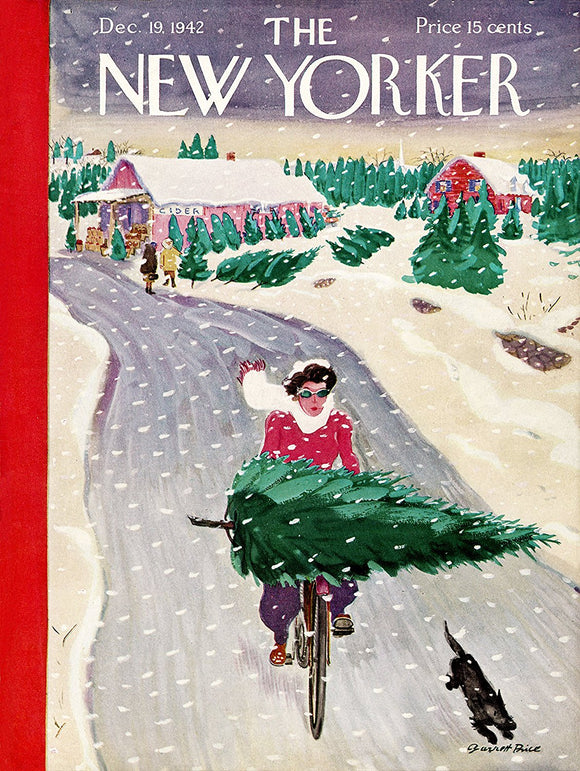 A fun and colorful jigsaw puzzle featuring a winter scene, showcasing a woman riding a bicycle with a Christmas tree mounted on the front. Snow is gently falling around her, and a small dog can be seen running alongside. The backdrop includes quaint shops and snow-covered trees, evoking a festive holiday atmosphere.