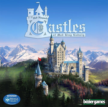The game 'Castles of Mad King Ludwig' by Bezier Games features a fantastical castle set against a stunning mountain backdrop. The artwork showcases a grand castle with various towers and roofs, surrounded by lush forests and snow-capped mountains, capturing the whimsical spirit of castle building.