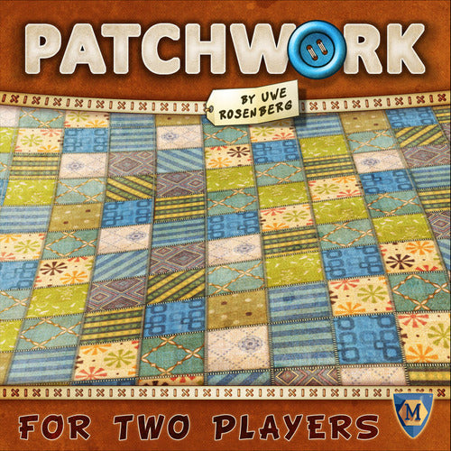 The game Patchwork by Lookout Games features a colorful, quilt-like design with various patterns in shades of blue, green, and yellow. The title 'PATCHWORK' is prominently displayed at the top, alongside the phrase 'For Two Players' at the bottom, emphasizing the game's cooperative playing style. It is designed by renowned game designer Uwe Rosenberg.