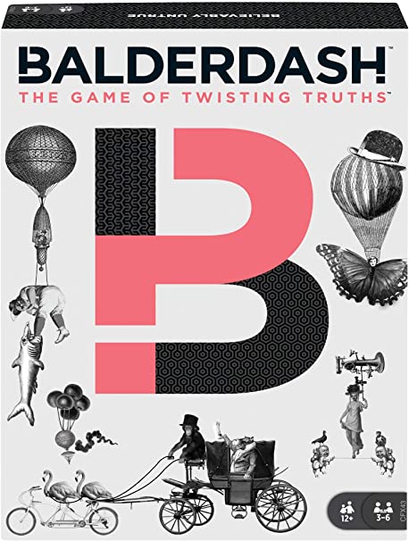 The Balderdash game box by Mattel features vibrant graphics with the title prominently displayed. It showcases whimsical illustrations including hot air balloons, animals, and people, inviting players to engage in the fun of guessing twisted truths. Suitable for 2 to 6 players aged 12 and up.