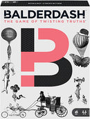 The Balderdash game box by Mattel features vibrant graphics with the title prominently displayed. It showcases whimsical illustrations including hot air balloons, animals, and people, inviting players to engage in the fun of guessing twisted truths. Suitable for 2 to 6 players aged 12 and up.