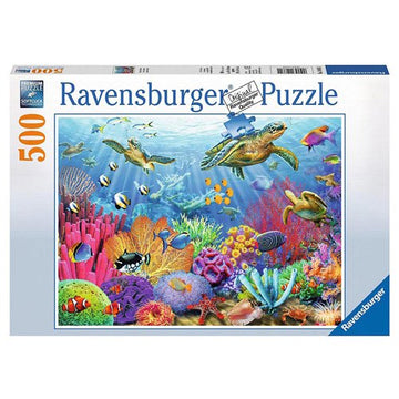 A vibrant Ravensburger jigsaw puzzle titled 'Tropical Waters', featuring a stunning underwater scene filled with colorful coral reefs, various fish, and a sea turtle. The puzzle contains 500 pieces and showcases a rich diversity of marine life, creating a captivating and immersive experience for puzzle enthusiasts.